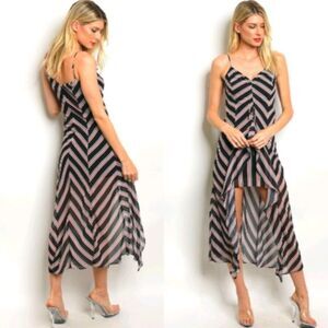 OLIVE SCENT Striped Black White Red Sleeveless Hi Low Dress
